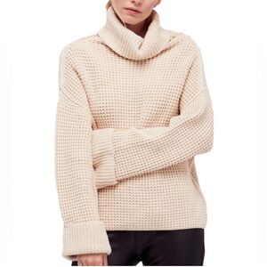 Free People Park City Beige Chunky Knit Cotton Cowl Neck Oversized Sweater Small